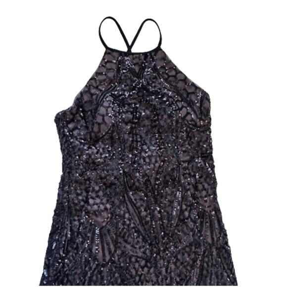 Nightway Gown Dress Navy Blue Mesh Sequins Halter Criss Criss Back Sheath Size 8 - Picture 3 of 16